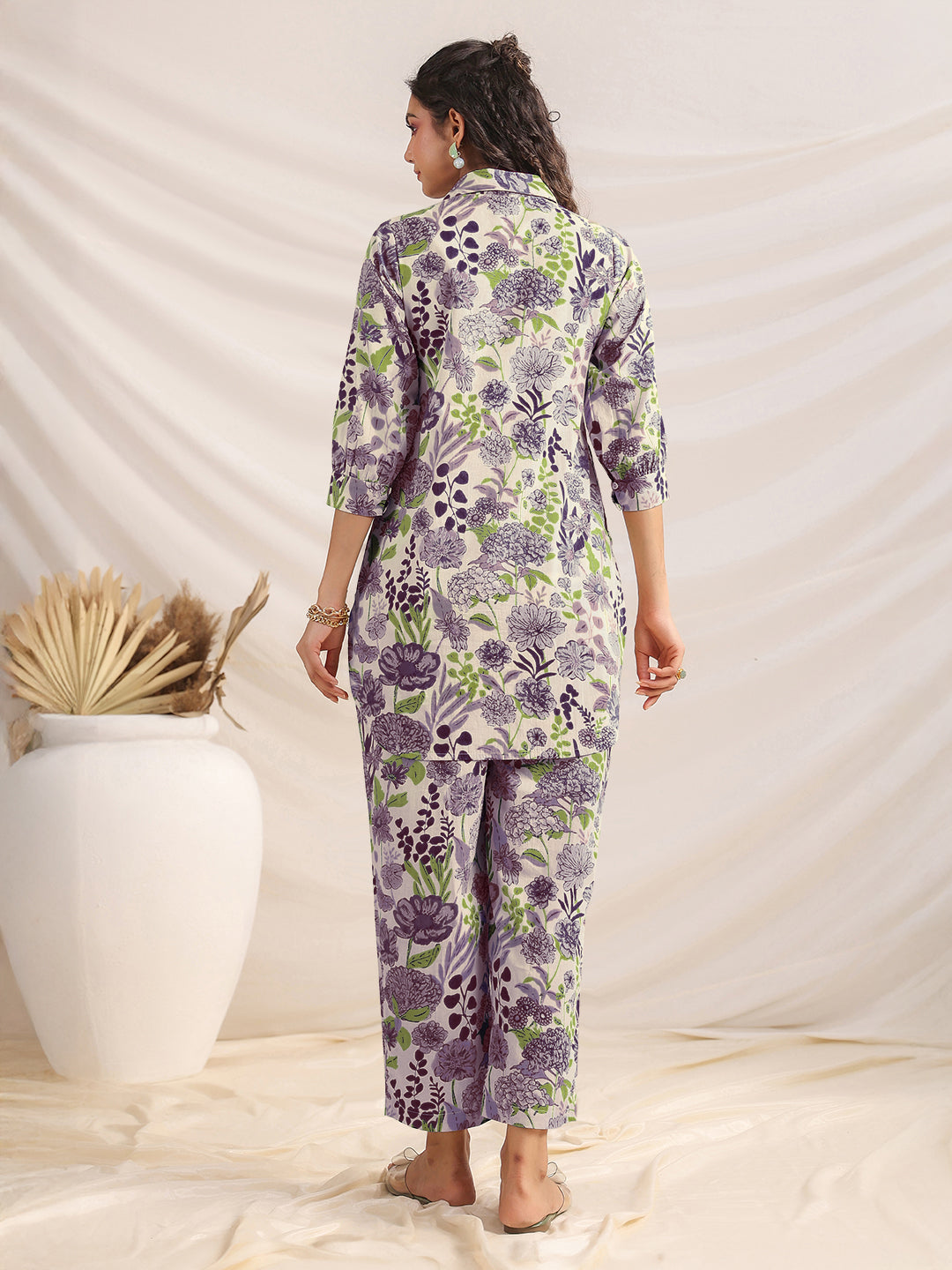 Janasya Women's Cream Pure Cotton Floral Printed Straight Co-ord Set