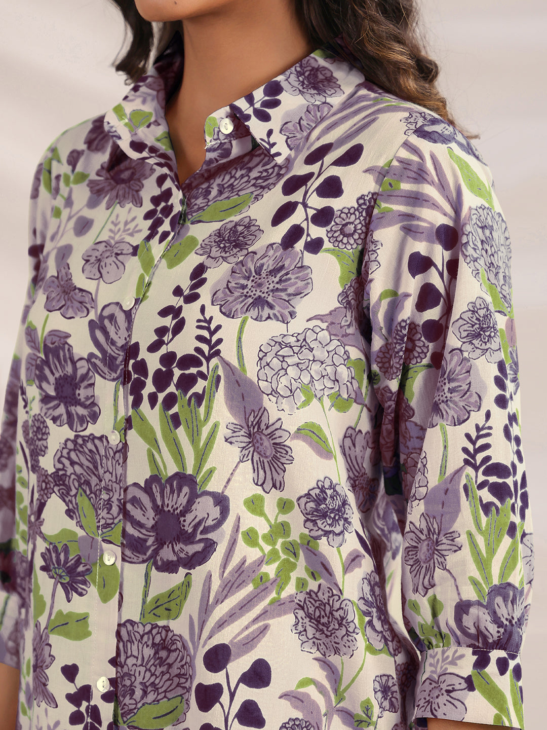 Janasya Women's Cream Pure Cotton Floral Printed Straight Co-ord Set