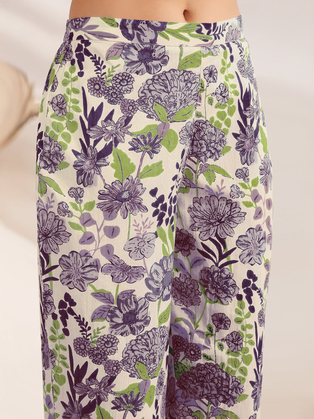 Janasya Women's Cream Pure Cotton Floral Printed Straight Co-ord Set