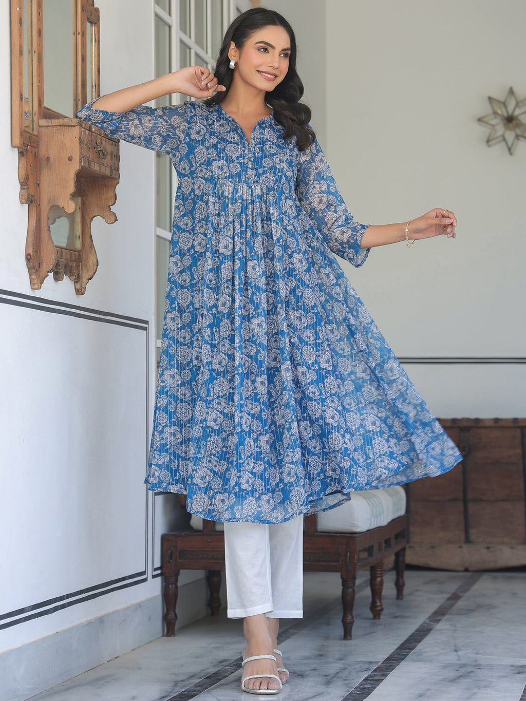 Janasya Women's Blue Chiffon Lurex Floral Printed A-line Kurta