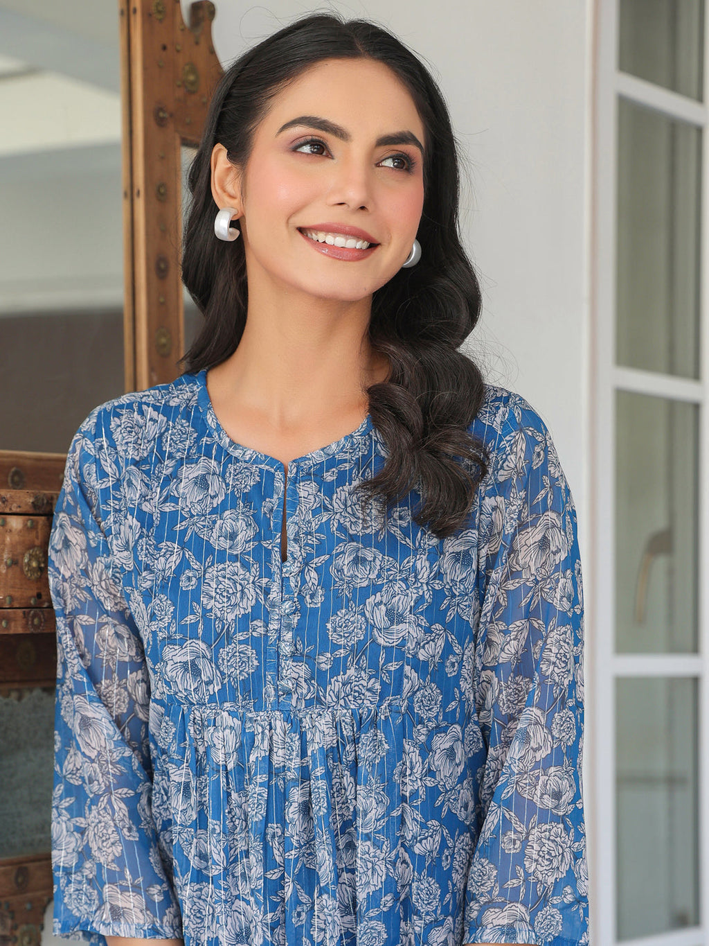 Janasya Women's Blue Chiffon Lurex Floral Printed A-line Kurta
