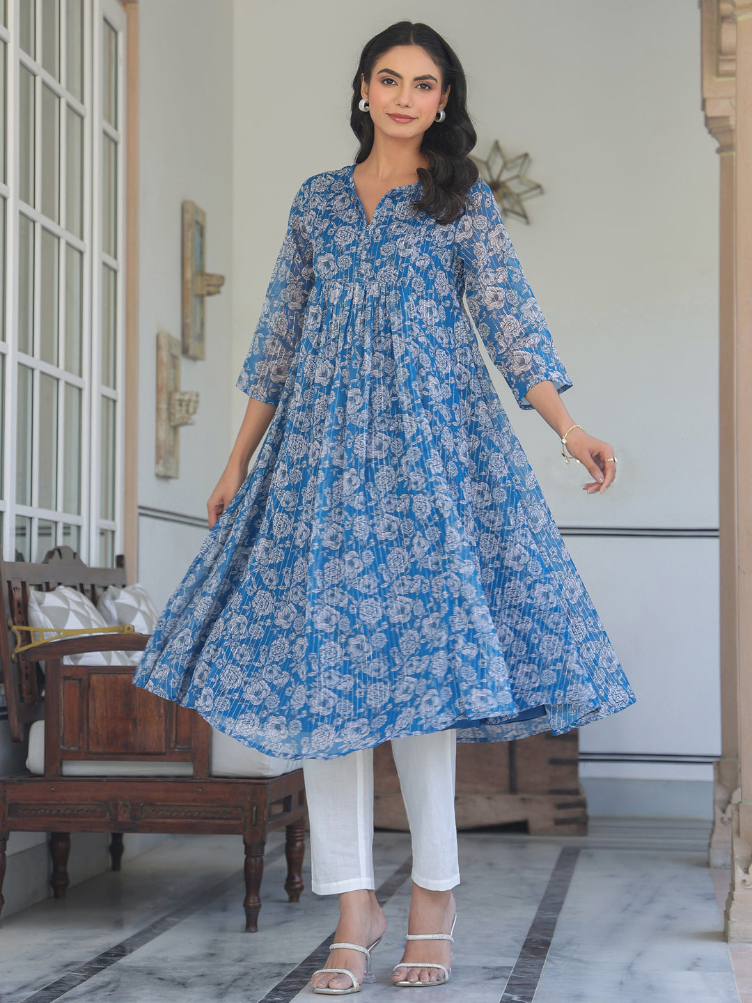 Janasya Women's Blue Chiffon Lurex Floral Printed A-line Kurta