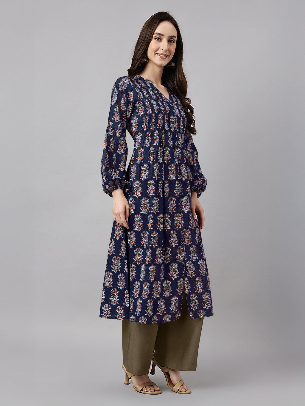Janasya Women's Navy Blue Pure Cotton Floral Printed A-line Kurta