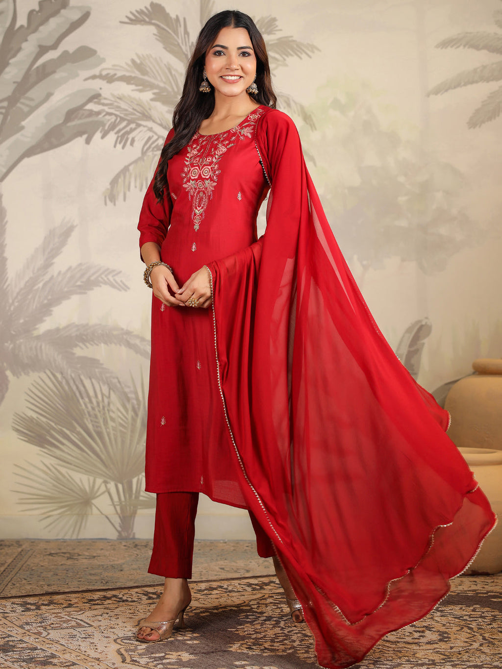 Maroon Chanderi Silk Embroidered Straight Kurta Set