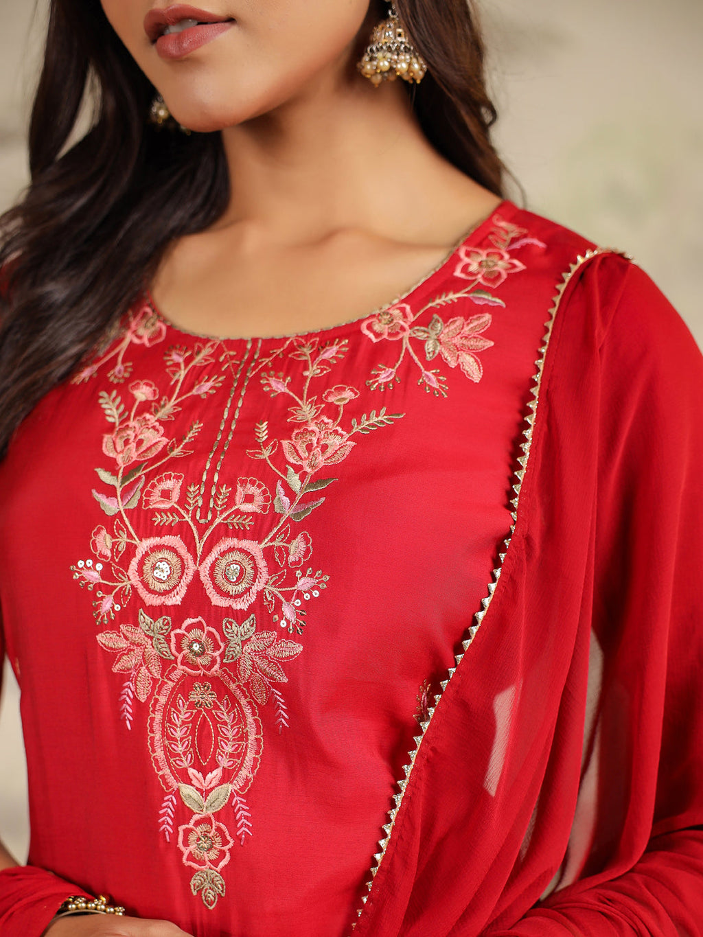 Maroon Chanderi Silk Embroidered Straight Kurta Set