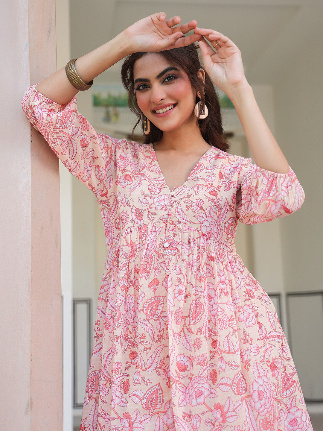 Peach Georgette Floral Printed Gathered Tunic