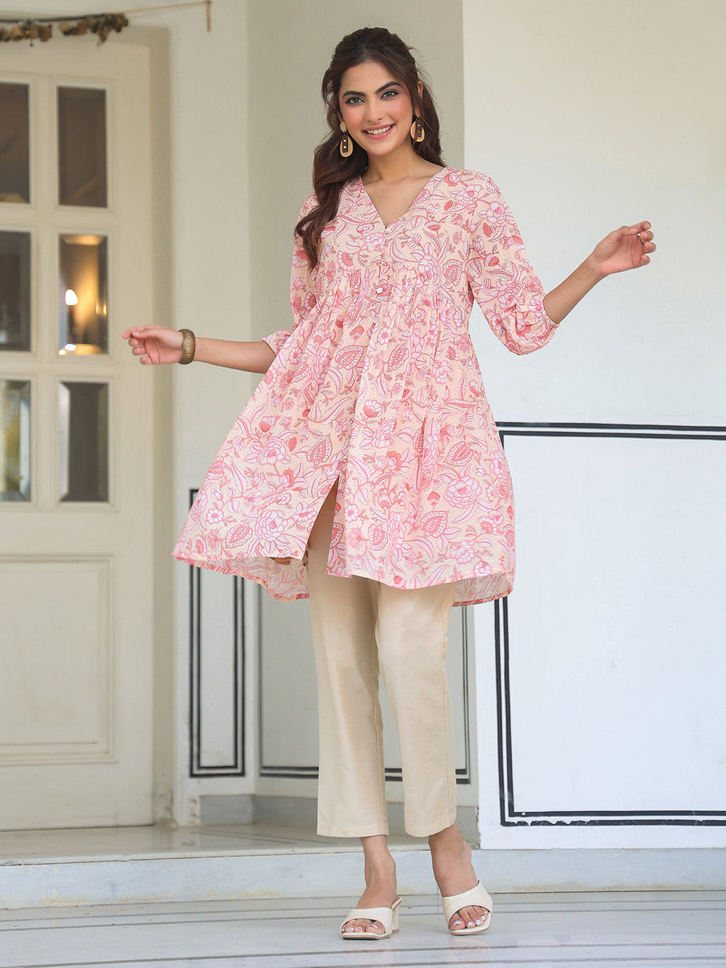 Peach Georgette Floral Printed Gathered Tunic