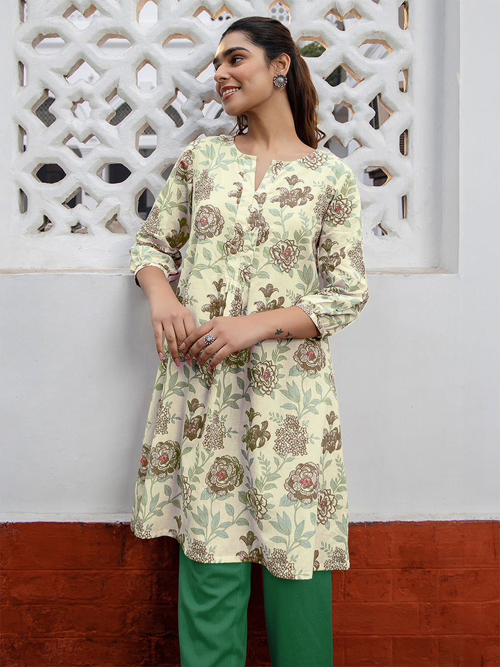 Off White Pure Cotton Floral Printed A-line Tunic