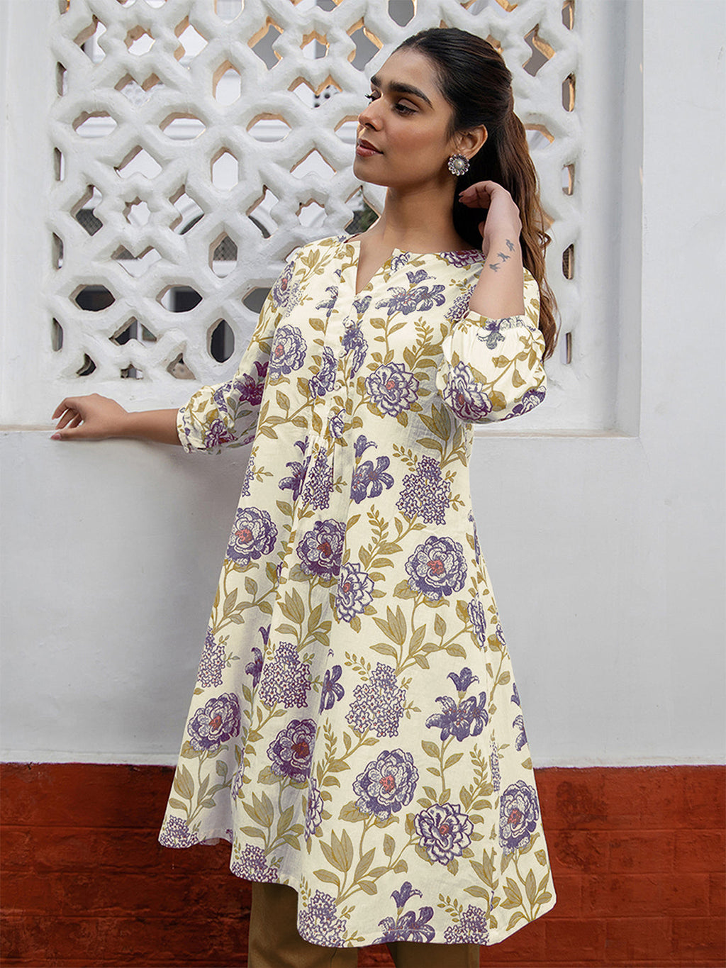 Off White Pure Cotton Floral Printed A-line Tunic