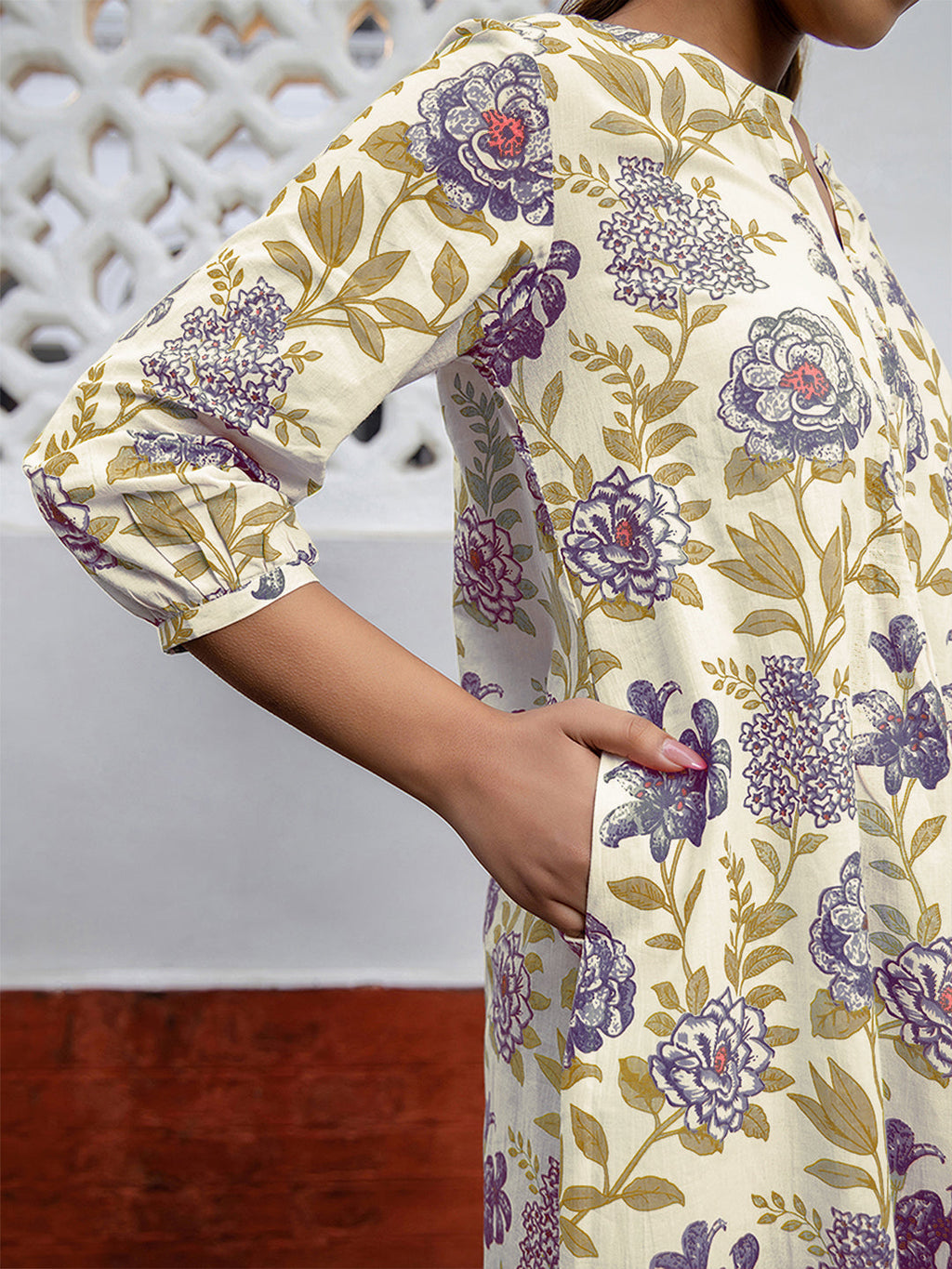 Off White Pure Cotton Floral Printed A-line Tunic
