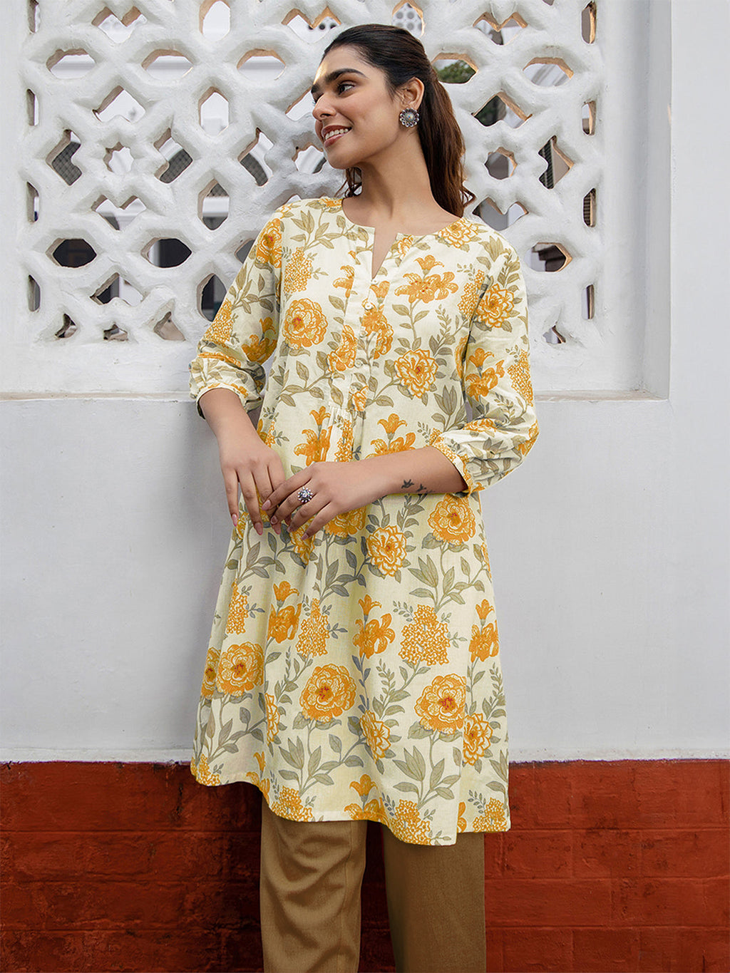 Off White Pure Cotton Floral Printed A-line Tunic