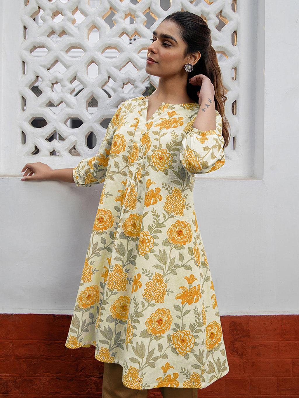 Off White Pure Cotton Floral Printed A-line Tunic