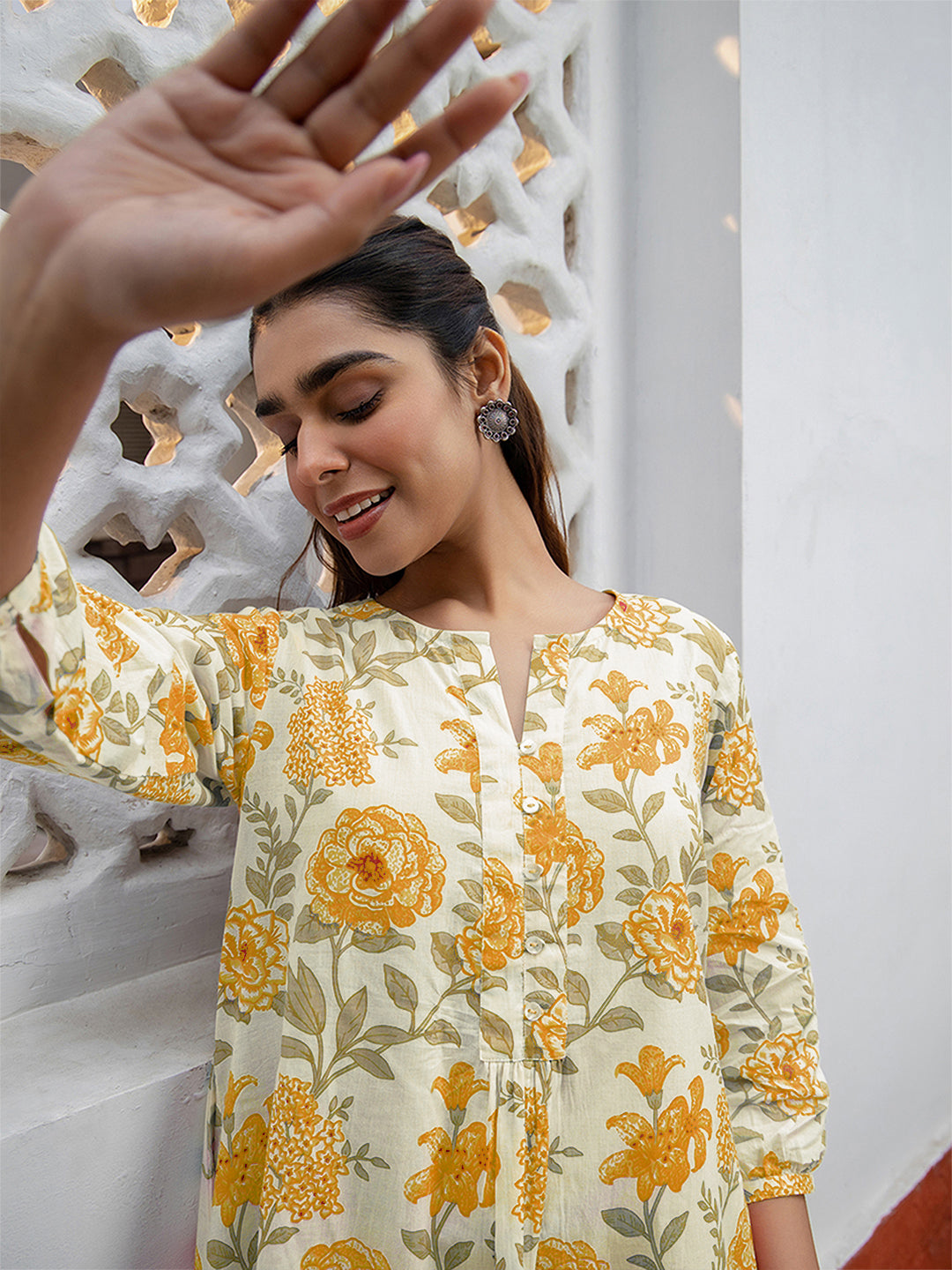 Off White Pure Cotton Floral Printed A-line Tunic