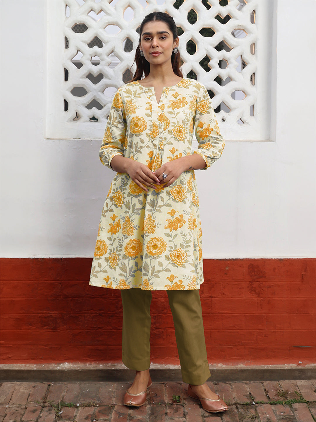 Off White Pure Cotton Floral Printed A-line Tunic