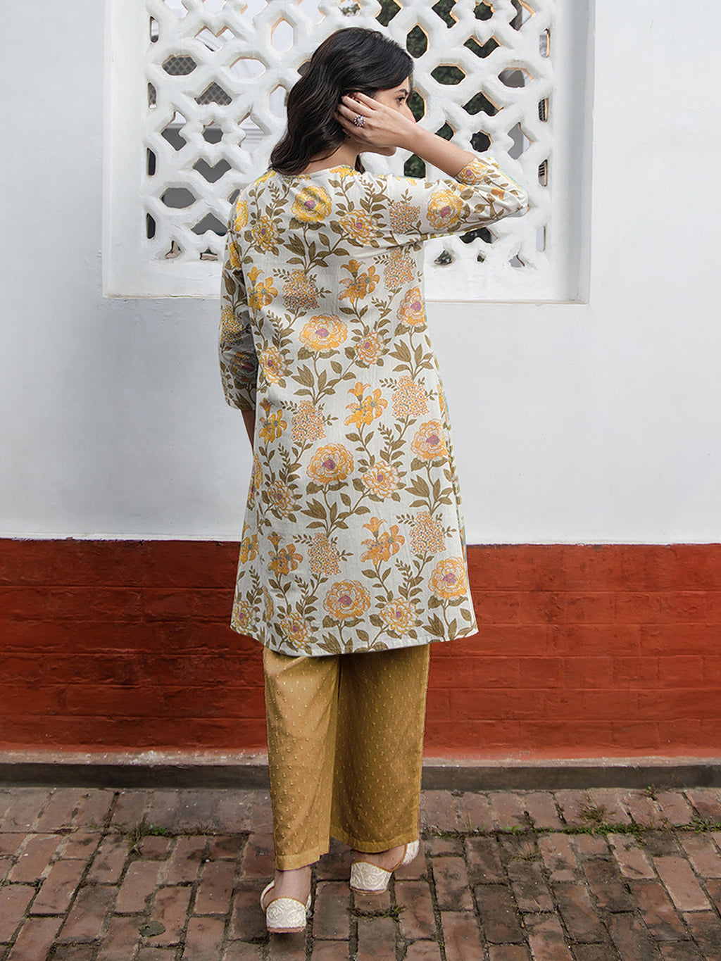 Off White Pure Cotton Floral Printed A-line Tunic