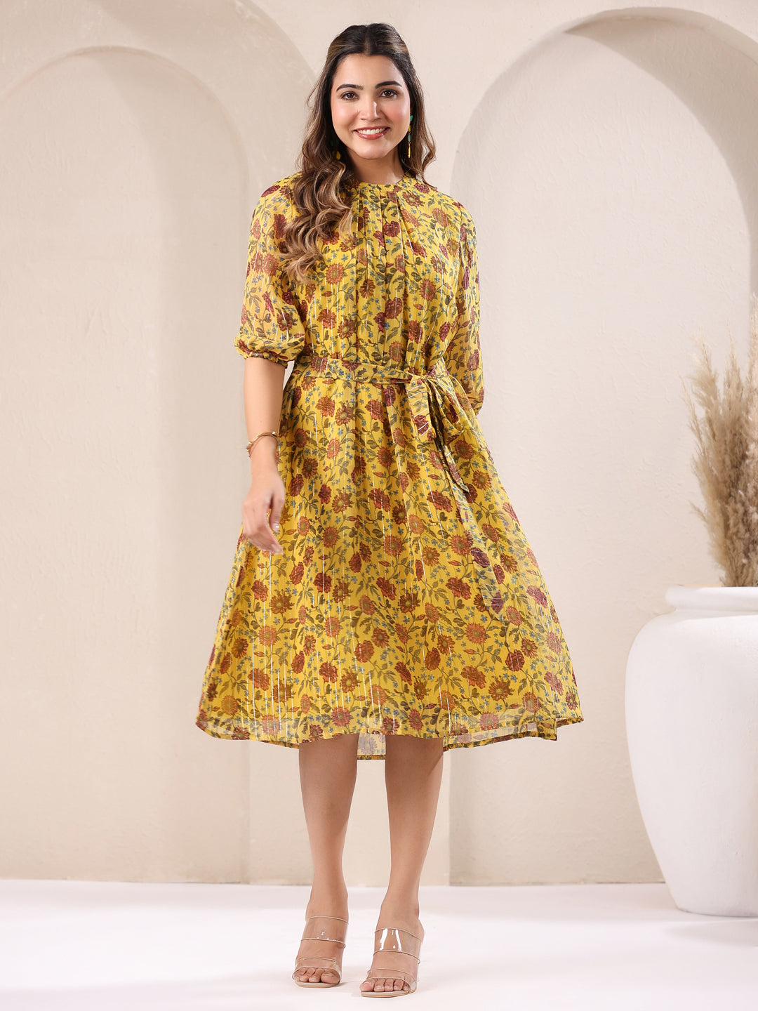 Mustard Georgette Floral Printed A-line Dress