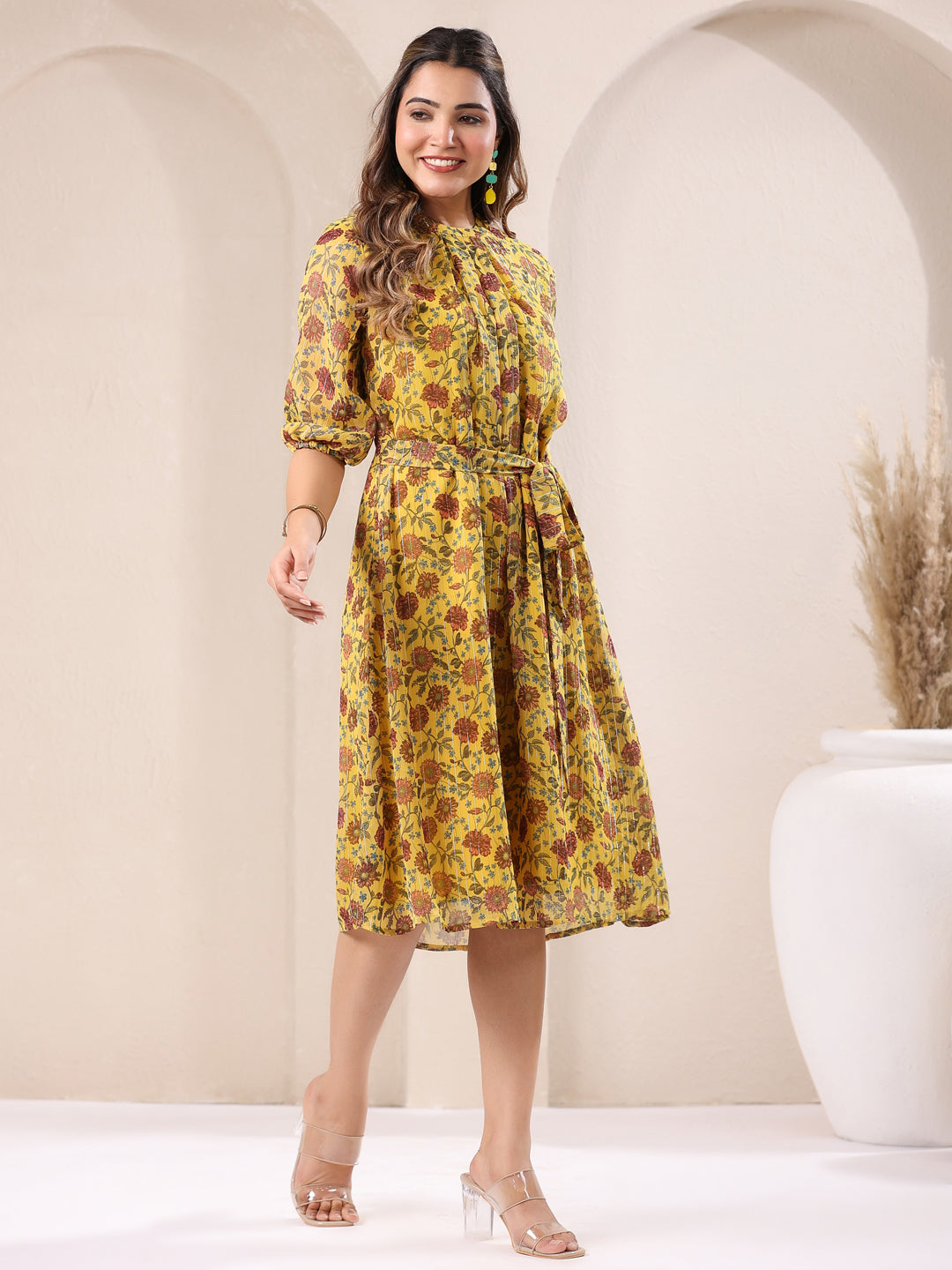 Mustard Georgette Floral Printed A-line Dress