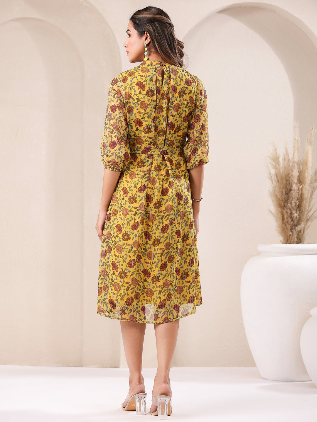 Mustard Georgette Floral Printed A-line Dress