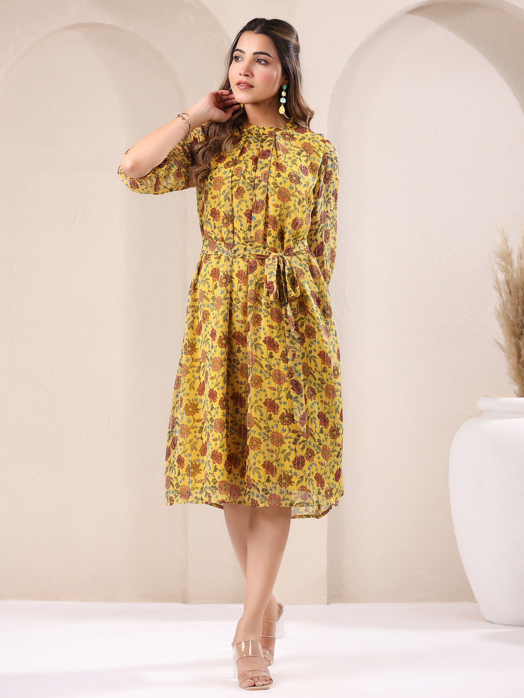 Mustard Georgette Floral Printed A-line Dress