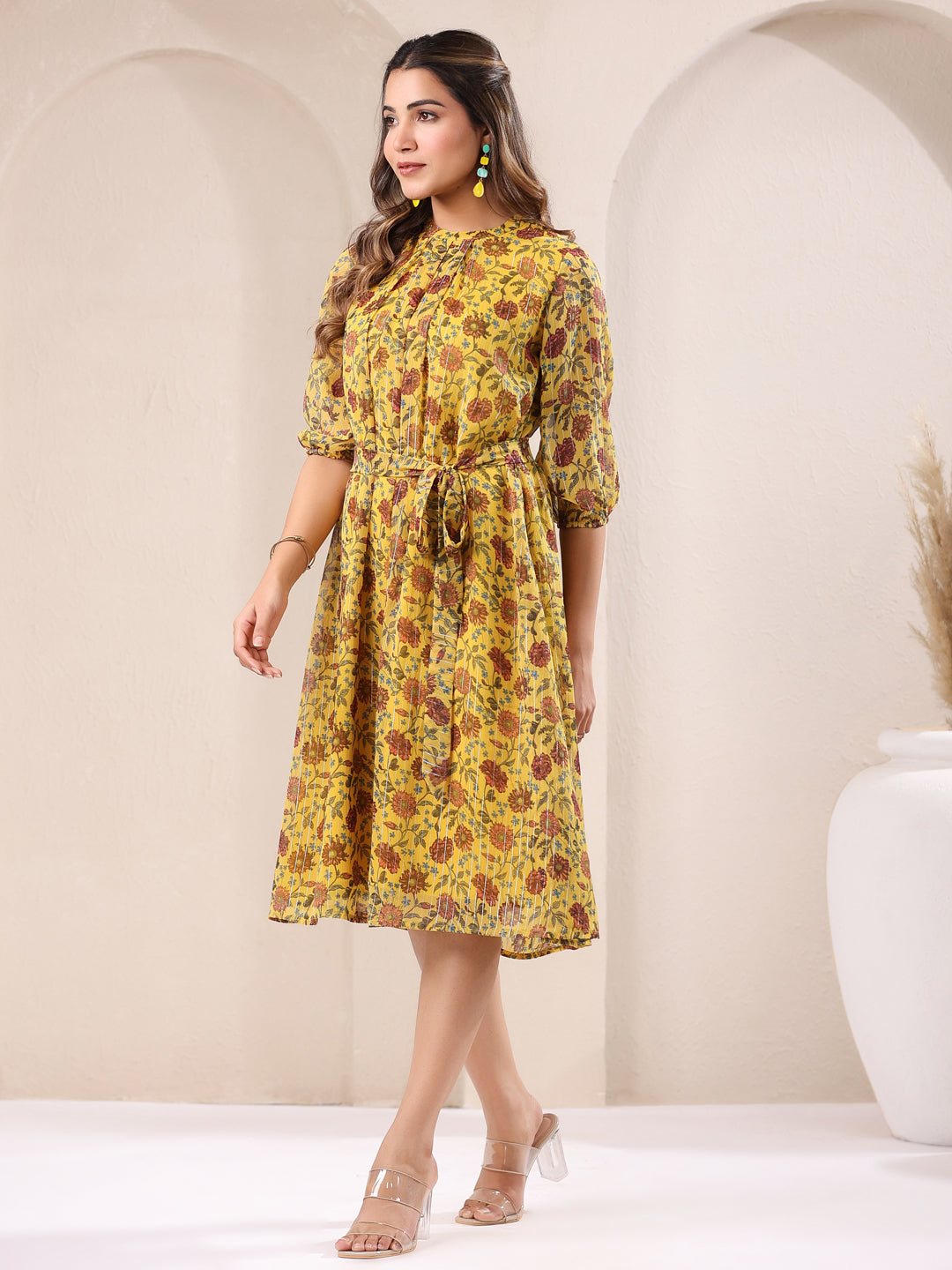 Mustard Georgette Floral Printed A-line Dress