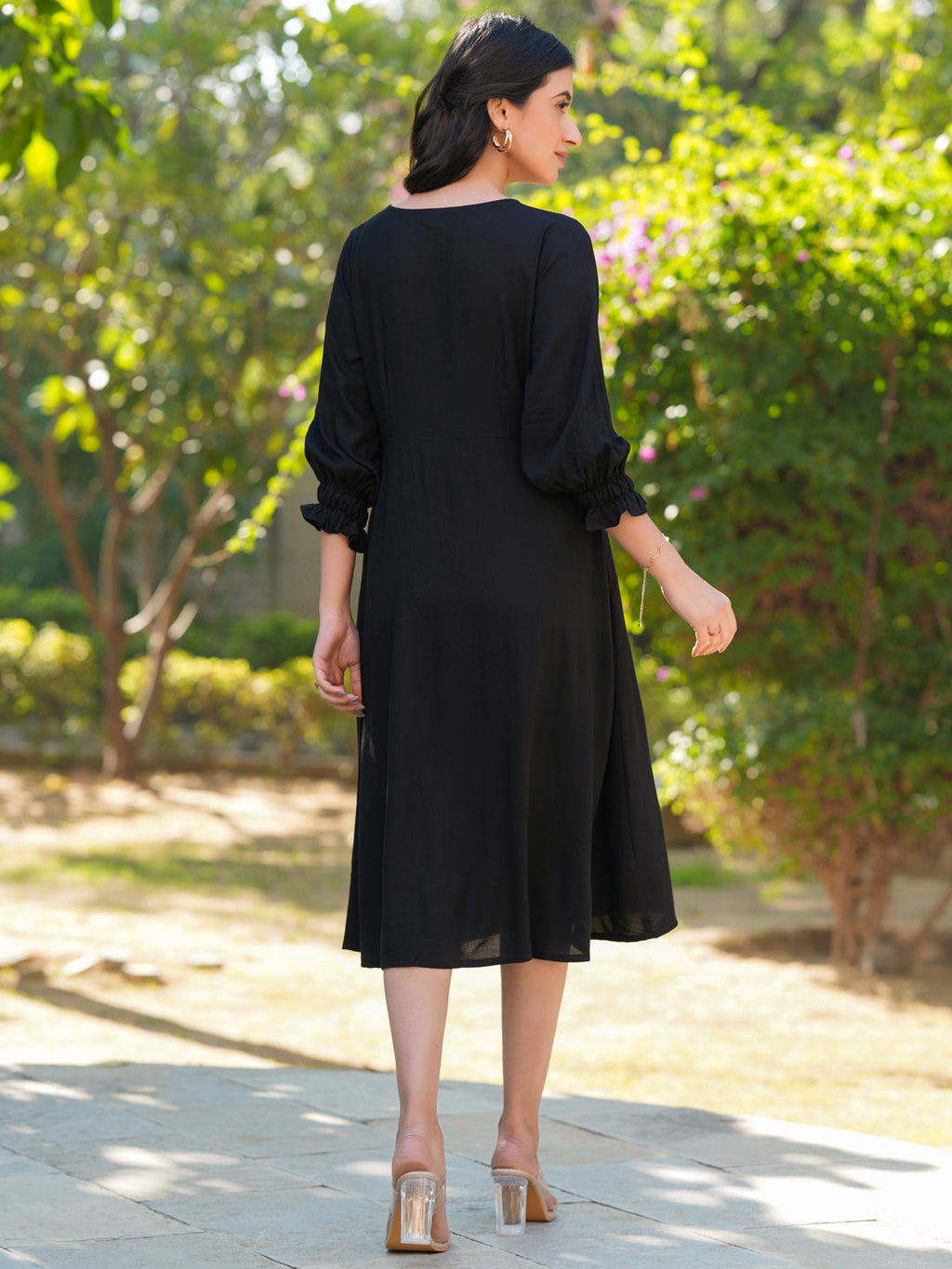 Black Rayon Solid A-line Dress