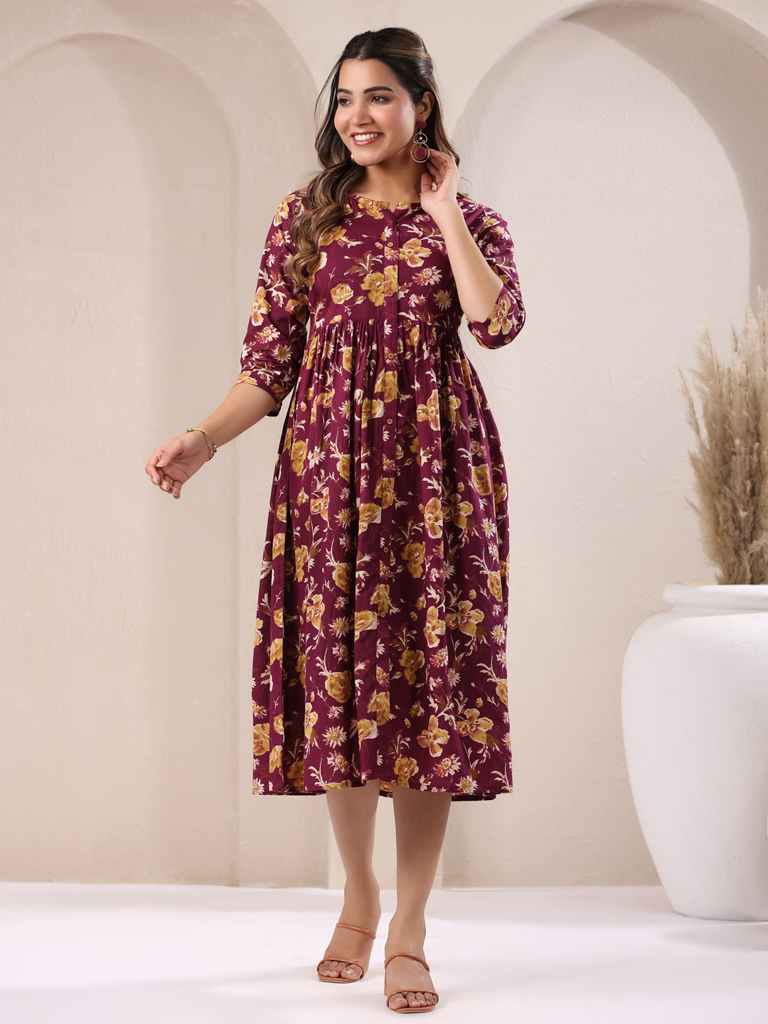 Wine Pure Cotton Floral Printed Gathered Dress