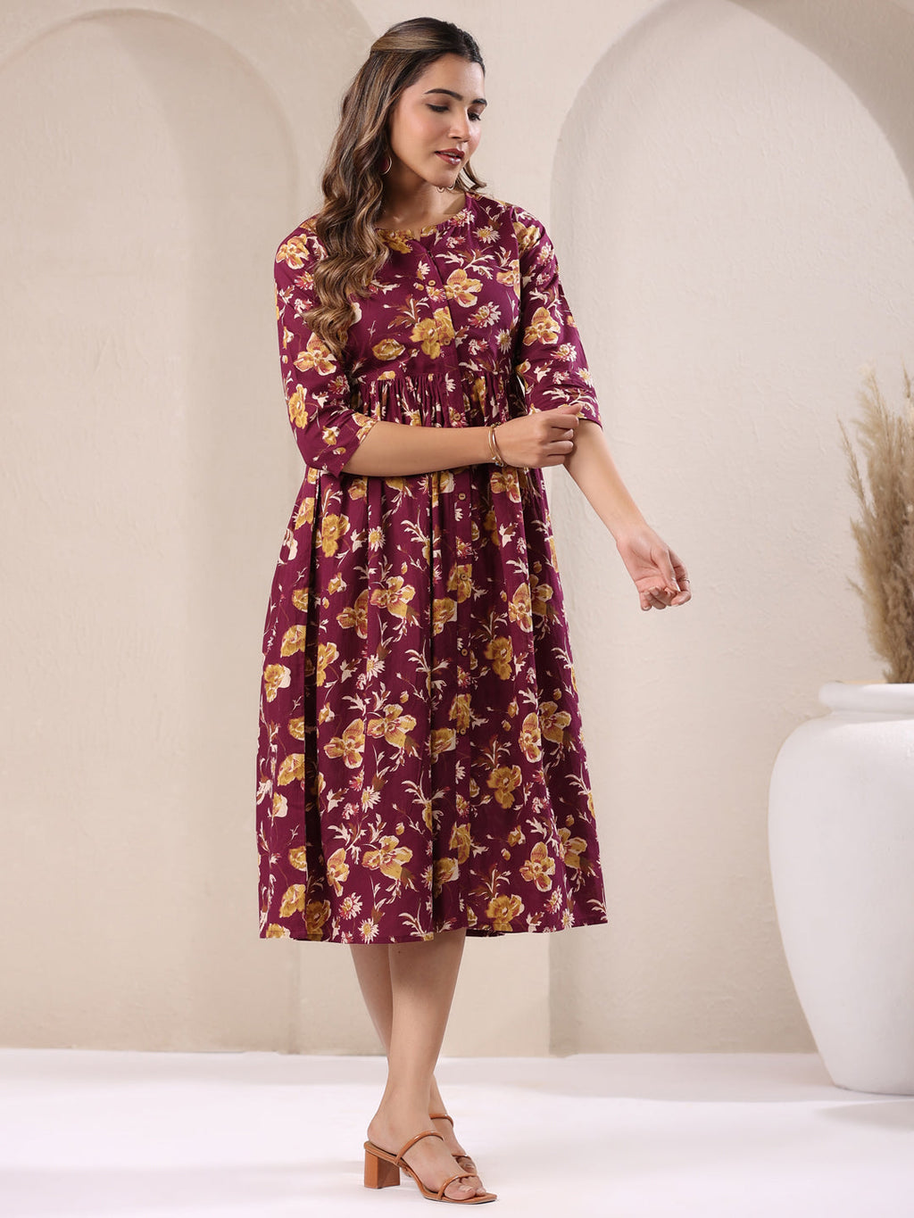 Wine Pure Cotton Floral Printed Gathered Dress