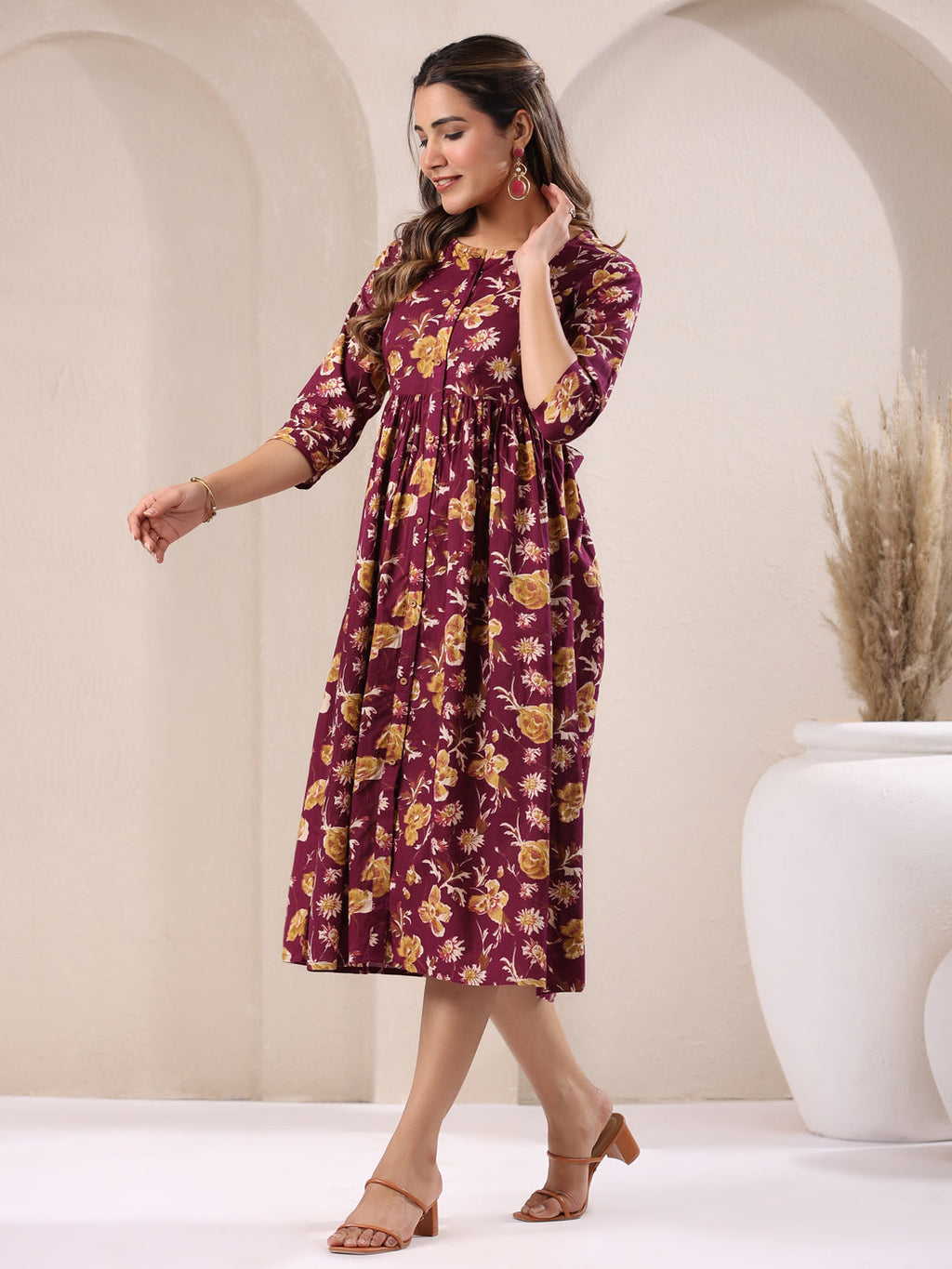 Wine Pure Cotton Floral Printed Gathered Dress