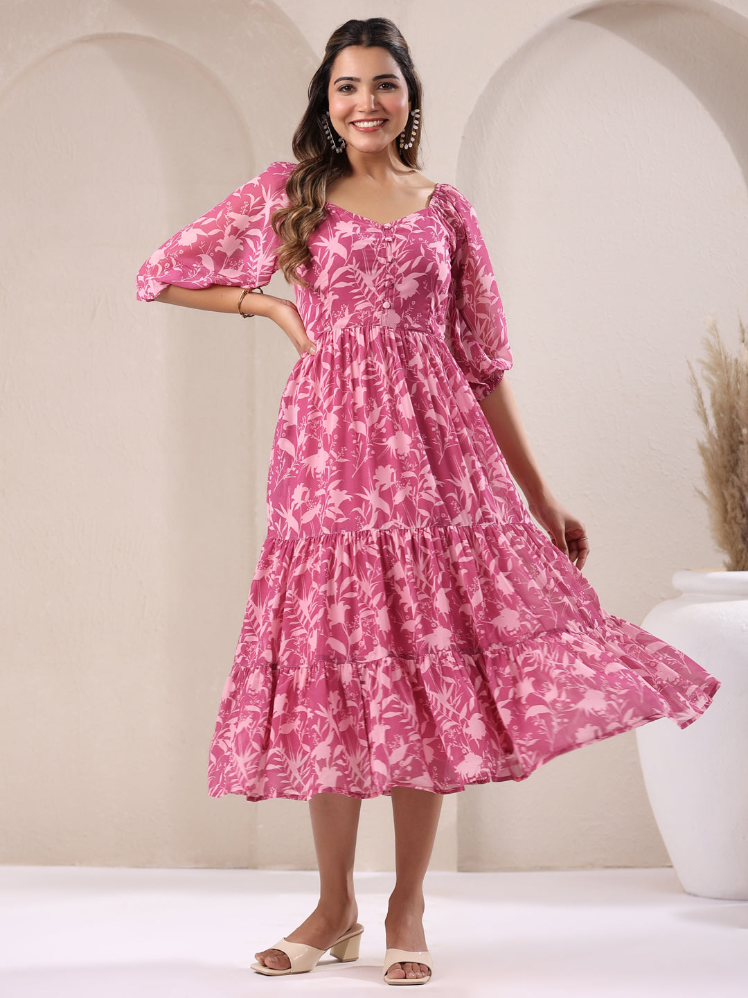 Pink Georgette Floral Printed Tiered Dress