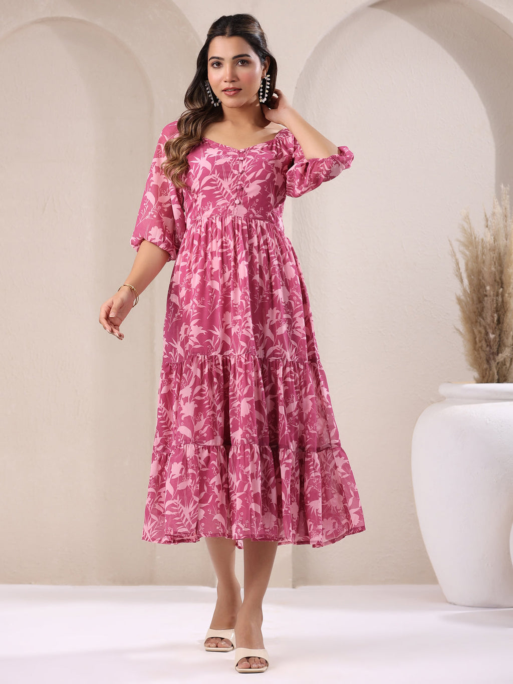 Pink Georgette Floral Printed Tiered Dress