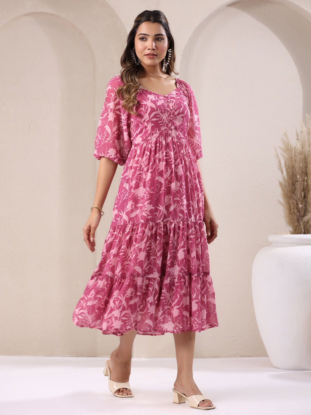 Pink Georgette Floral Printed Tiered Dress
