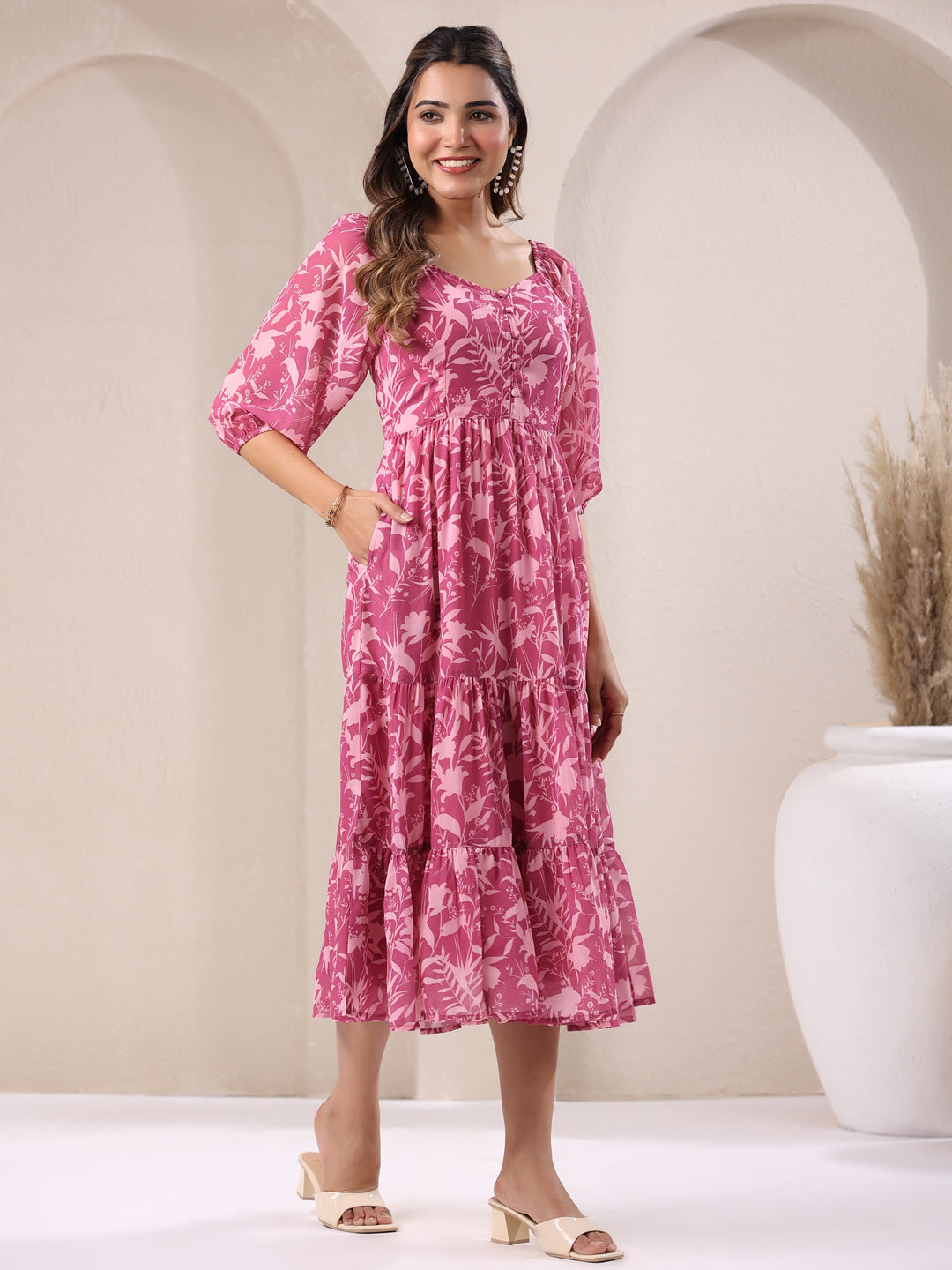 Pink Georgette Floral Printed Tiered Dress
