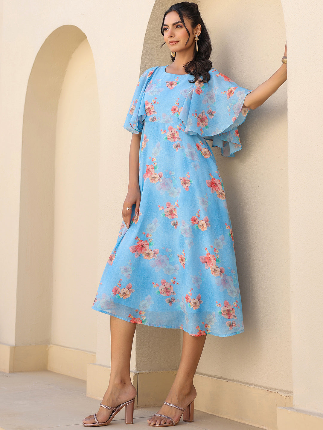 Blue Georgette Floral Printed A-line Dress