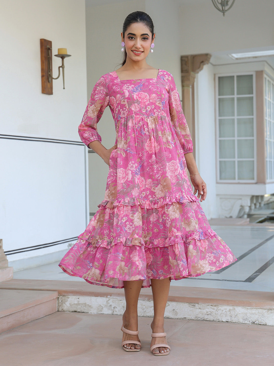 Pink Georgette Floral Printed Tiered Dress