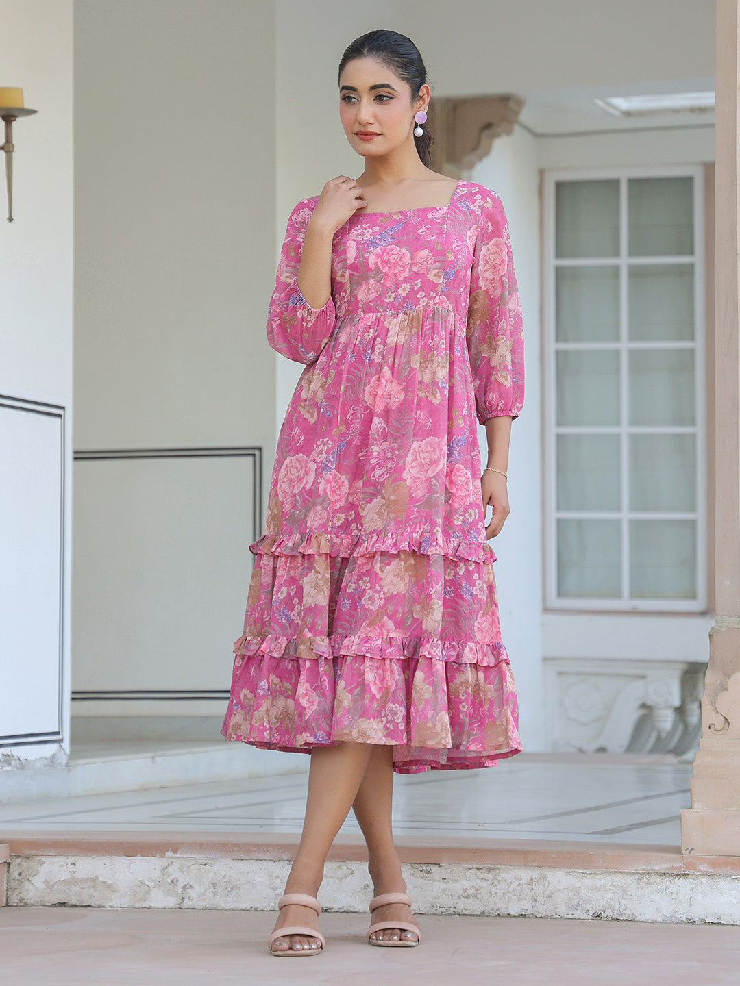 Pink Georgette Floral Printed Tiered Dress