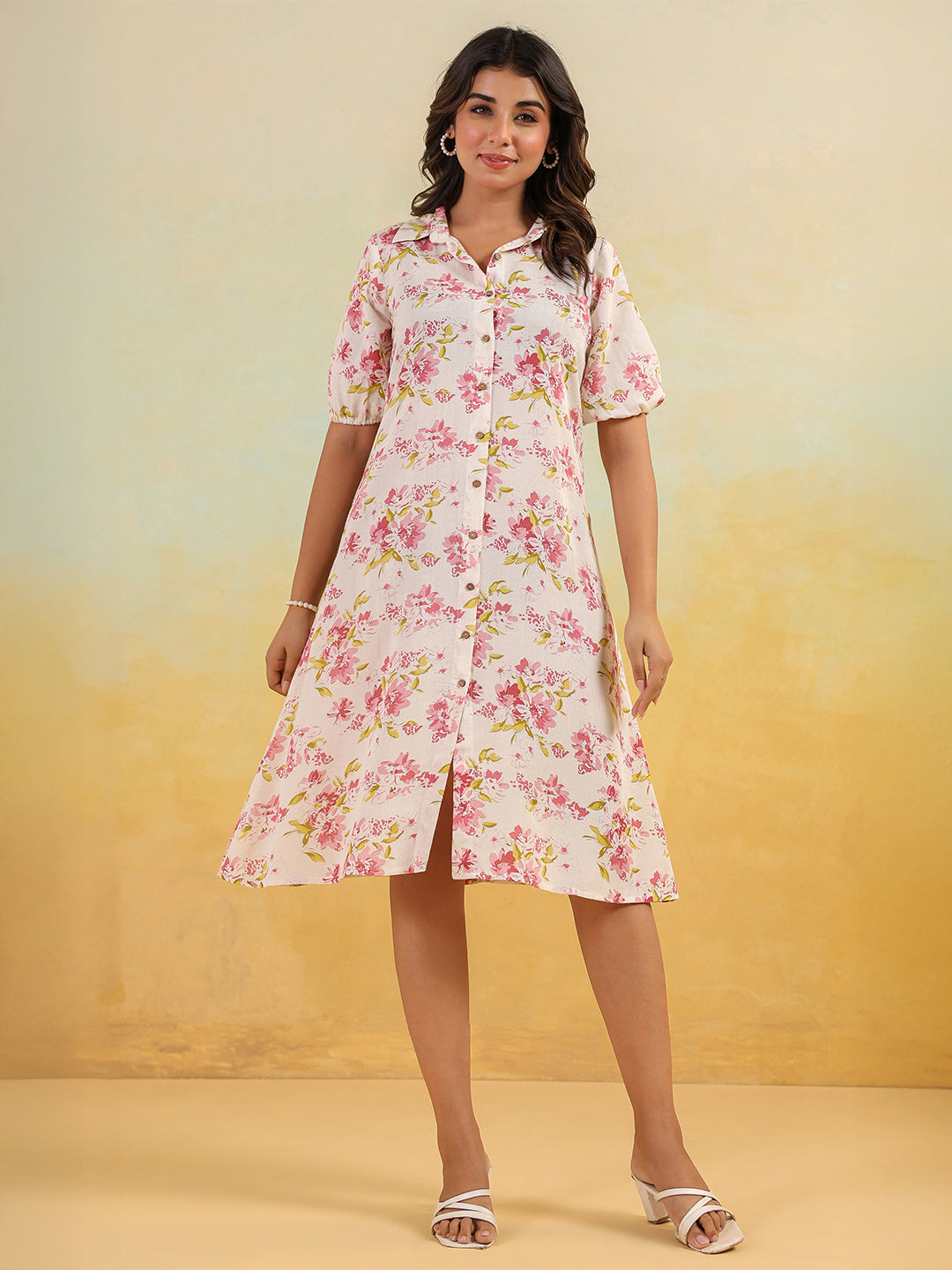 Janasya Women's Off White Linen Cotton Floral Printed A-line Button Down Shirt Dress