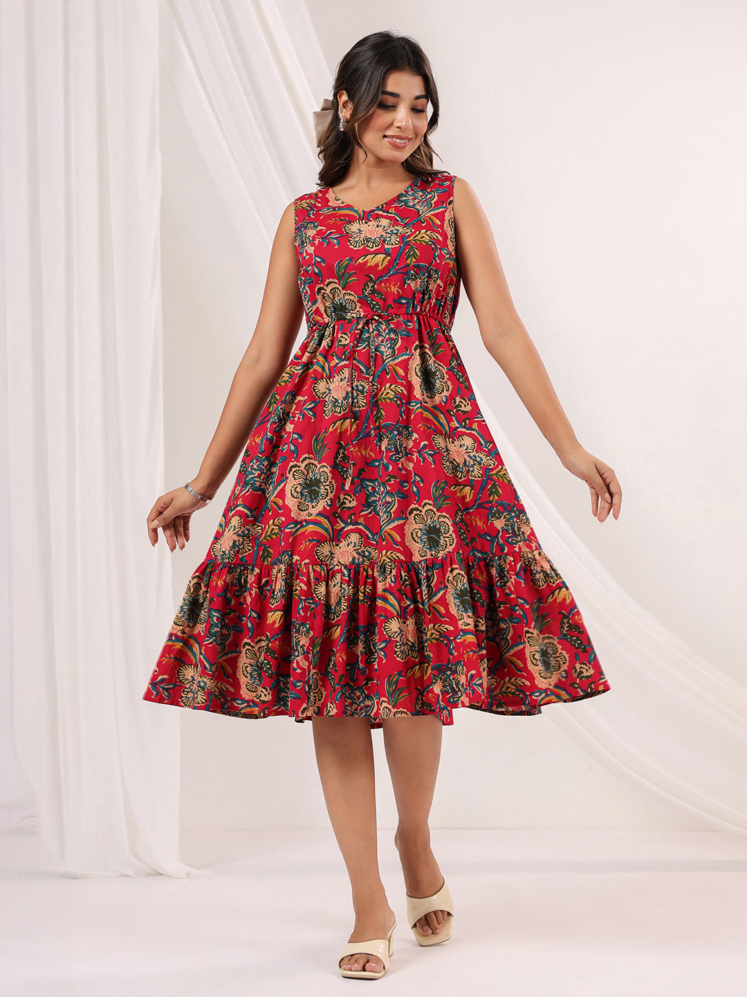Janasya Women's Pink Pure Cotton Floral Printed Fit & Flare Dress