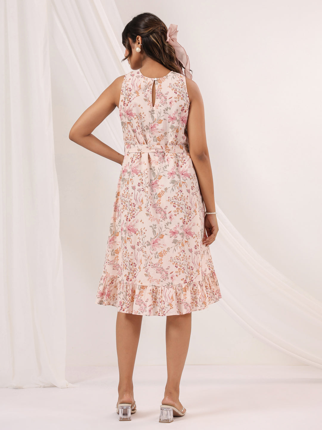 Janasya Women's Peach Pure Cotton Floral Printed A line Dress
