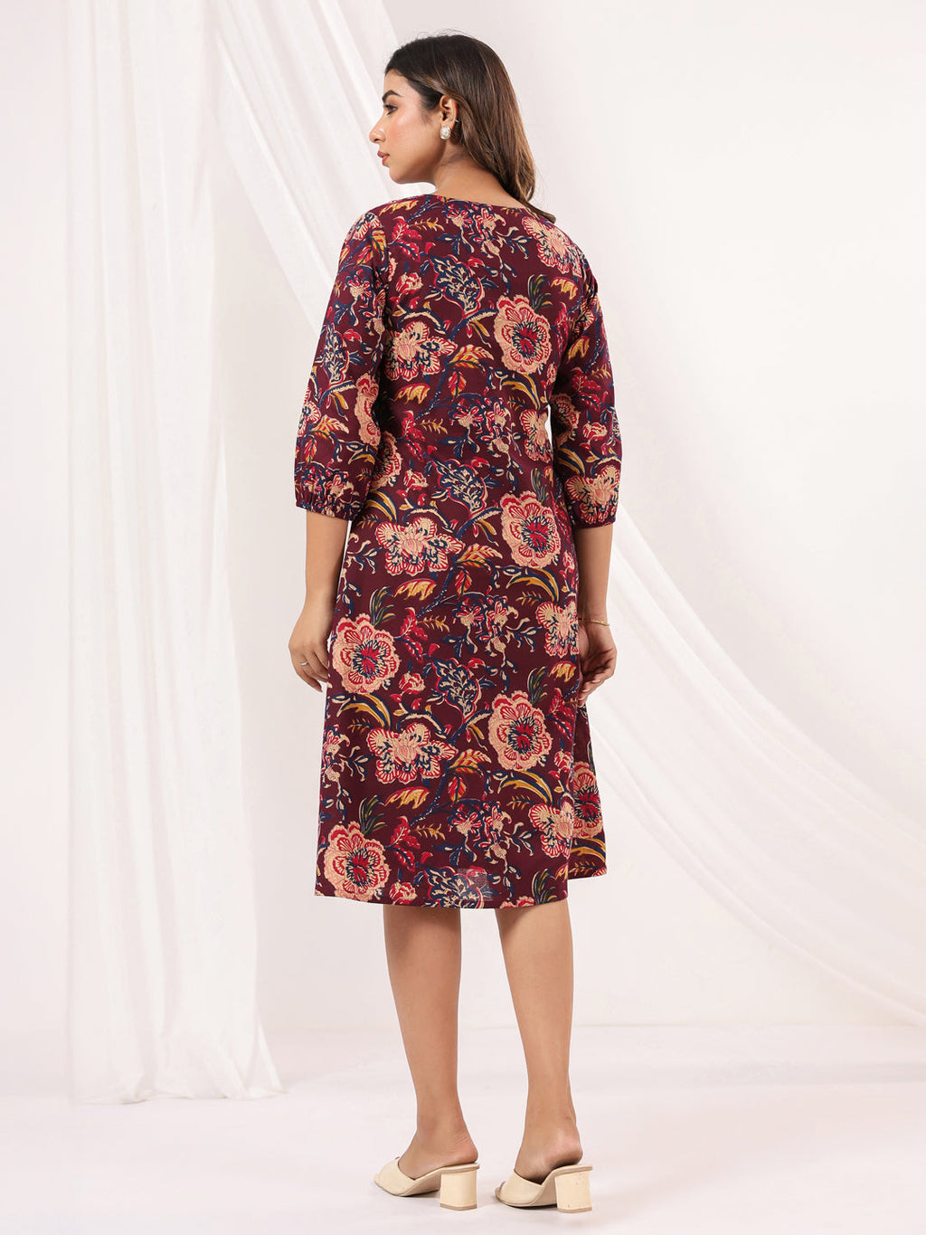 Janasya Women's Wine Pure Cotton Floral Peinted A-line Dress