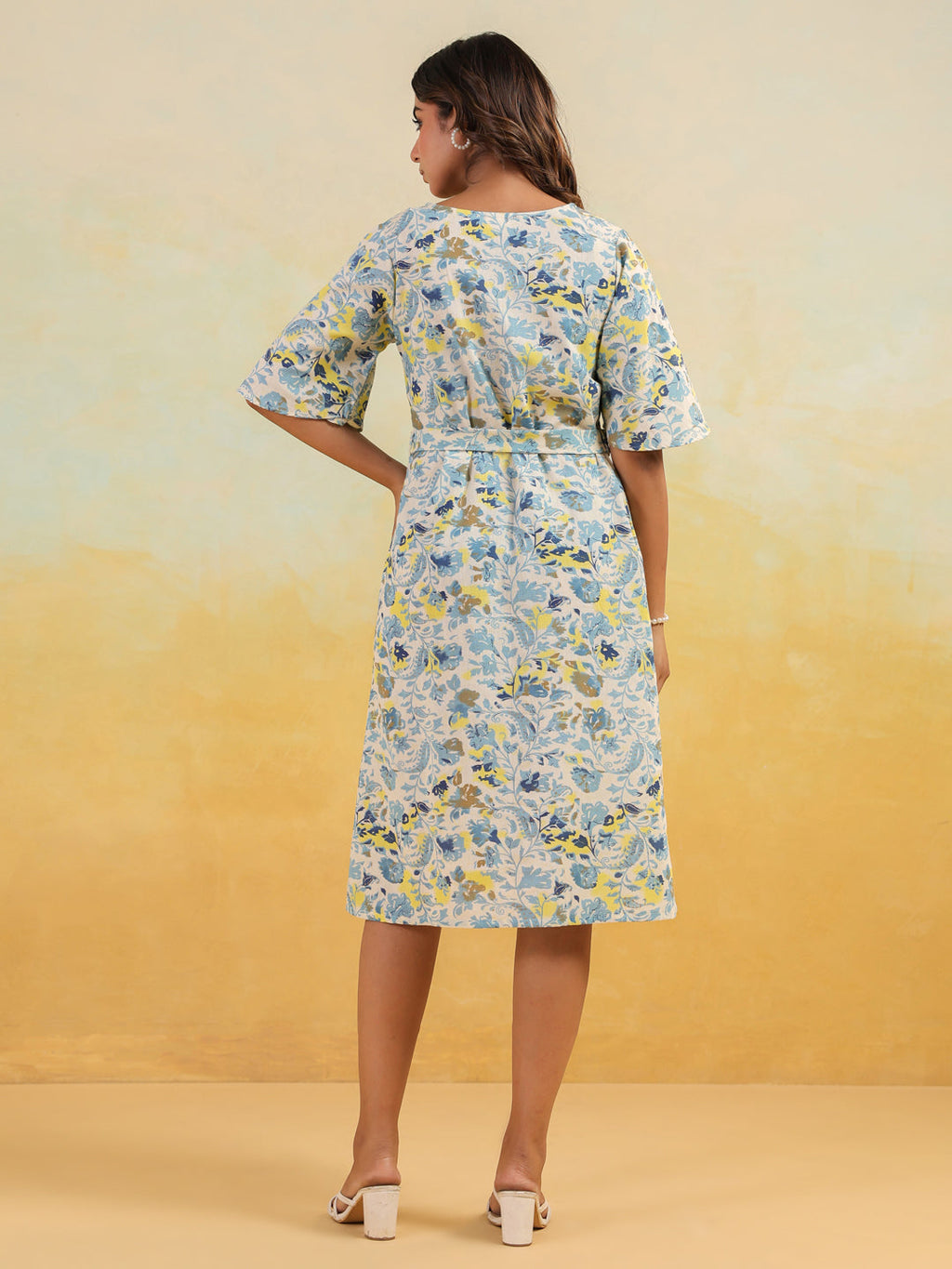 Janasya Women's Off White Linen Cotton Floral Printed A-line Dress