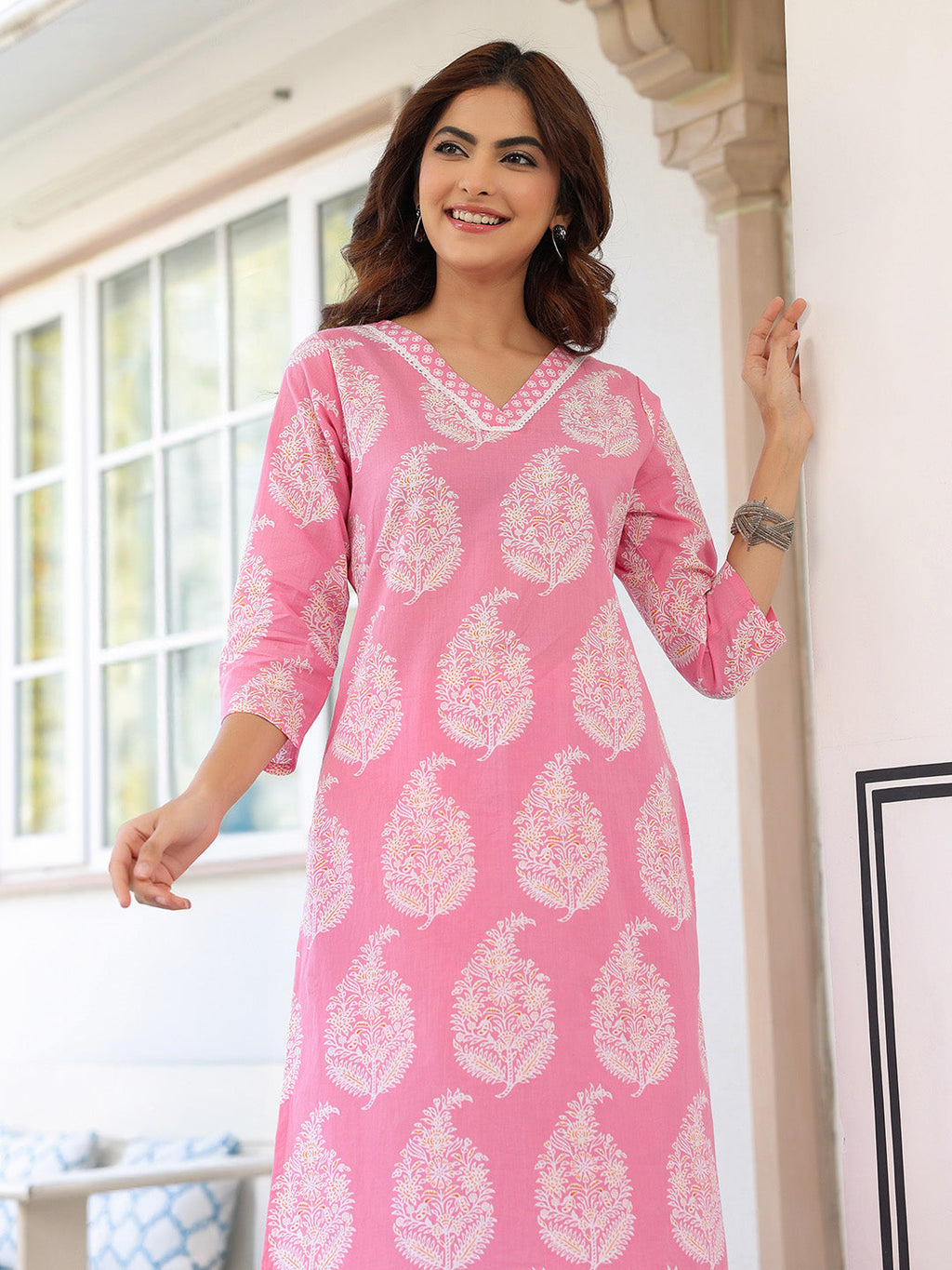 Light Pink Pure Cotton Ethnic Motifs Printed Straight Kurta Pant Set