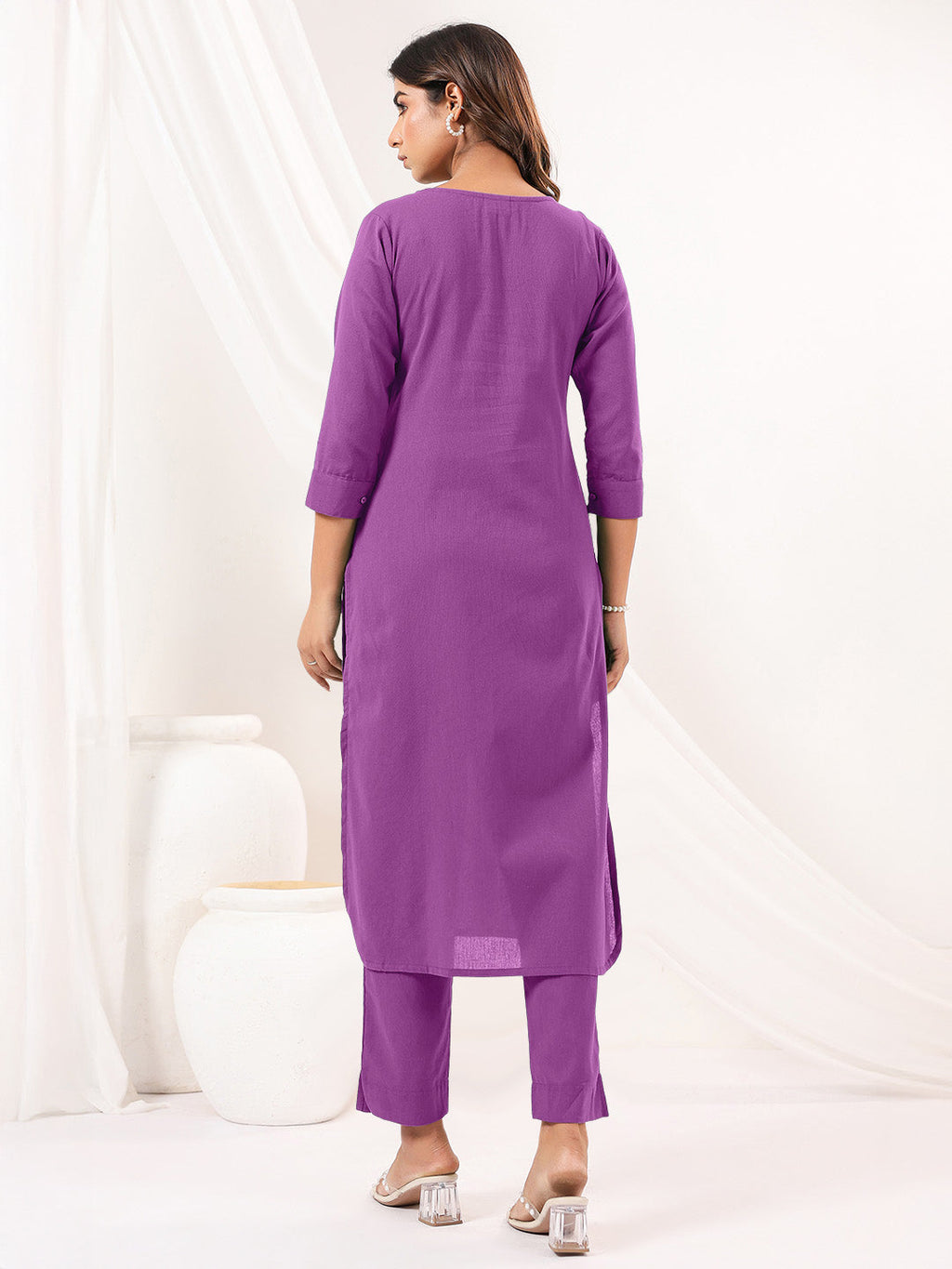 Janasya Women's Purple Cotton Solid Straight Kurta Pant Set