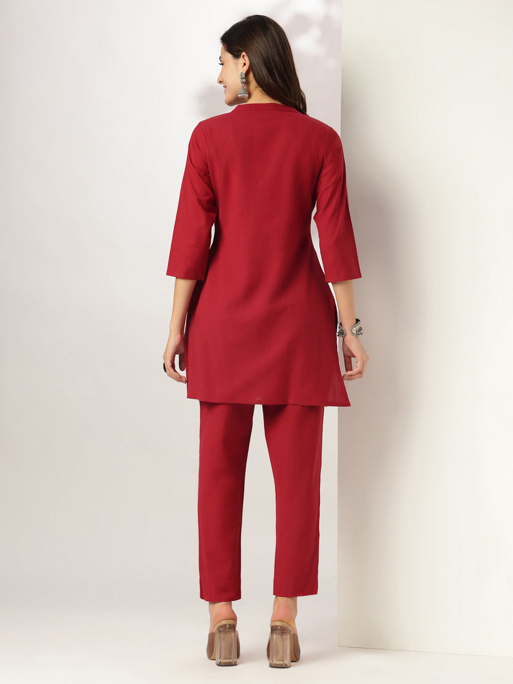 Maroon Cotton Solid A-line Co-ord Set
