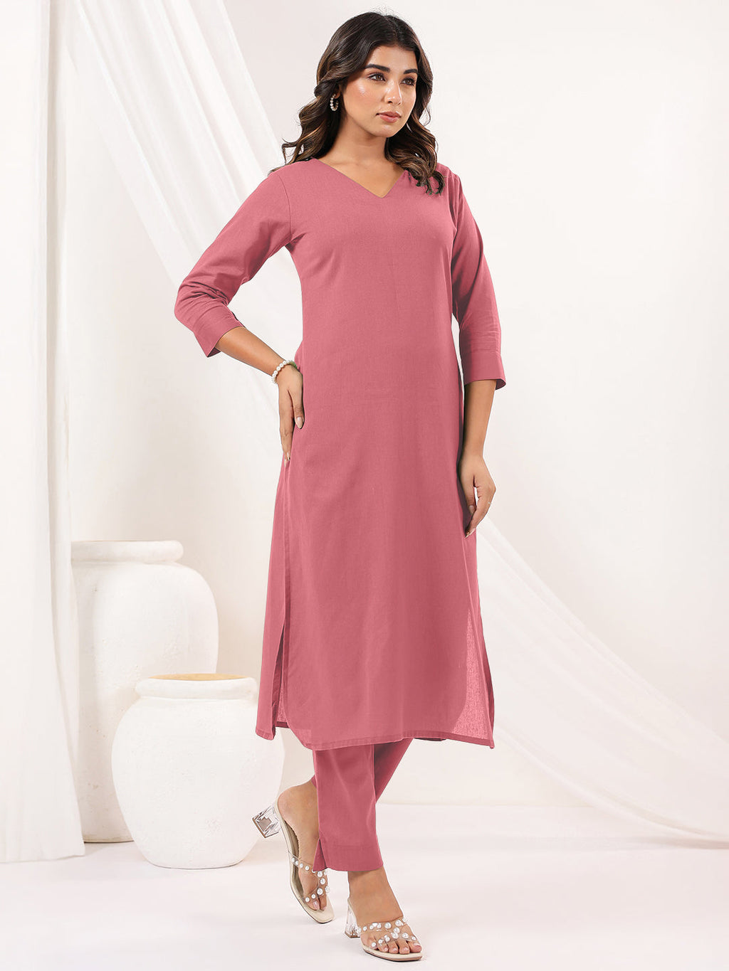 Janasya Women's Pink Cotton Solid Straight Kurta Pant Set