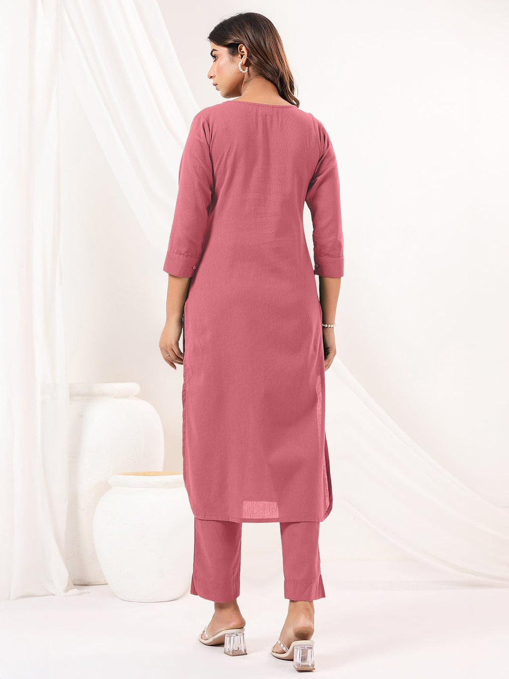 Janasya Women's Pink Cotton Solid Straight Kurta Pant Set