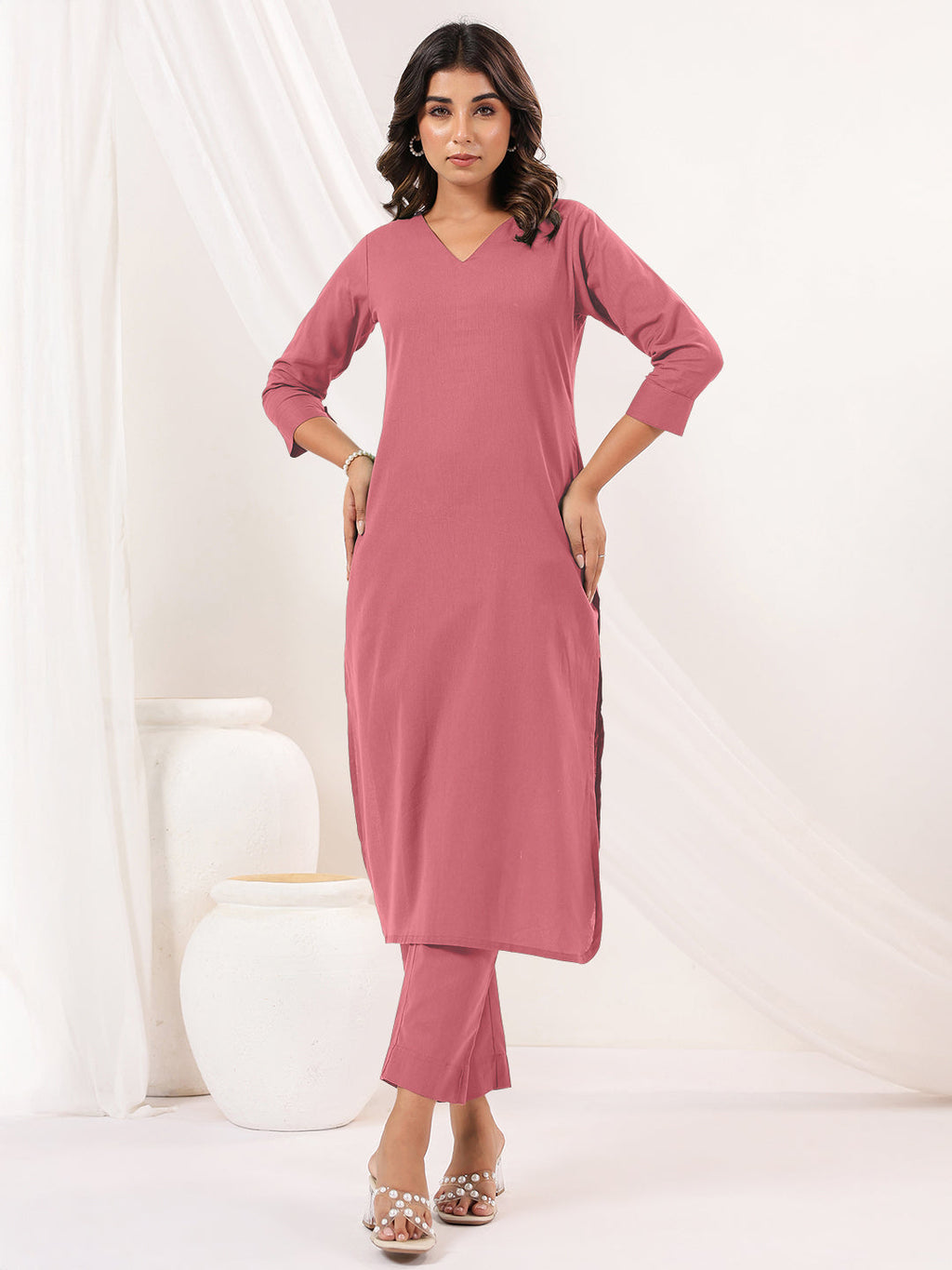 Janasya Women's Pink Cotton Solid Straight Kurta Pant Set