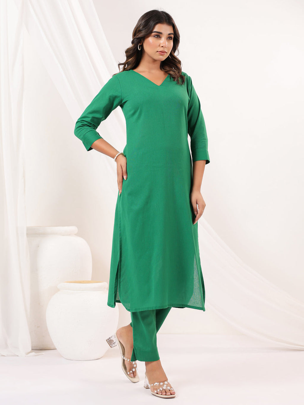 Janasya Women's Green Linen Cotton Solid Straight Kurta Pant Set