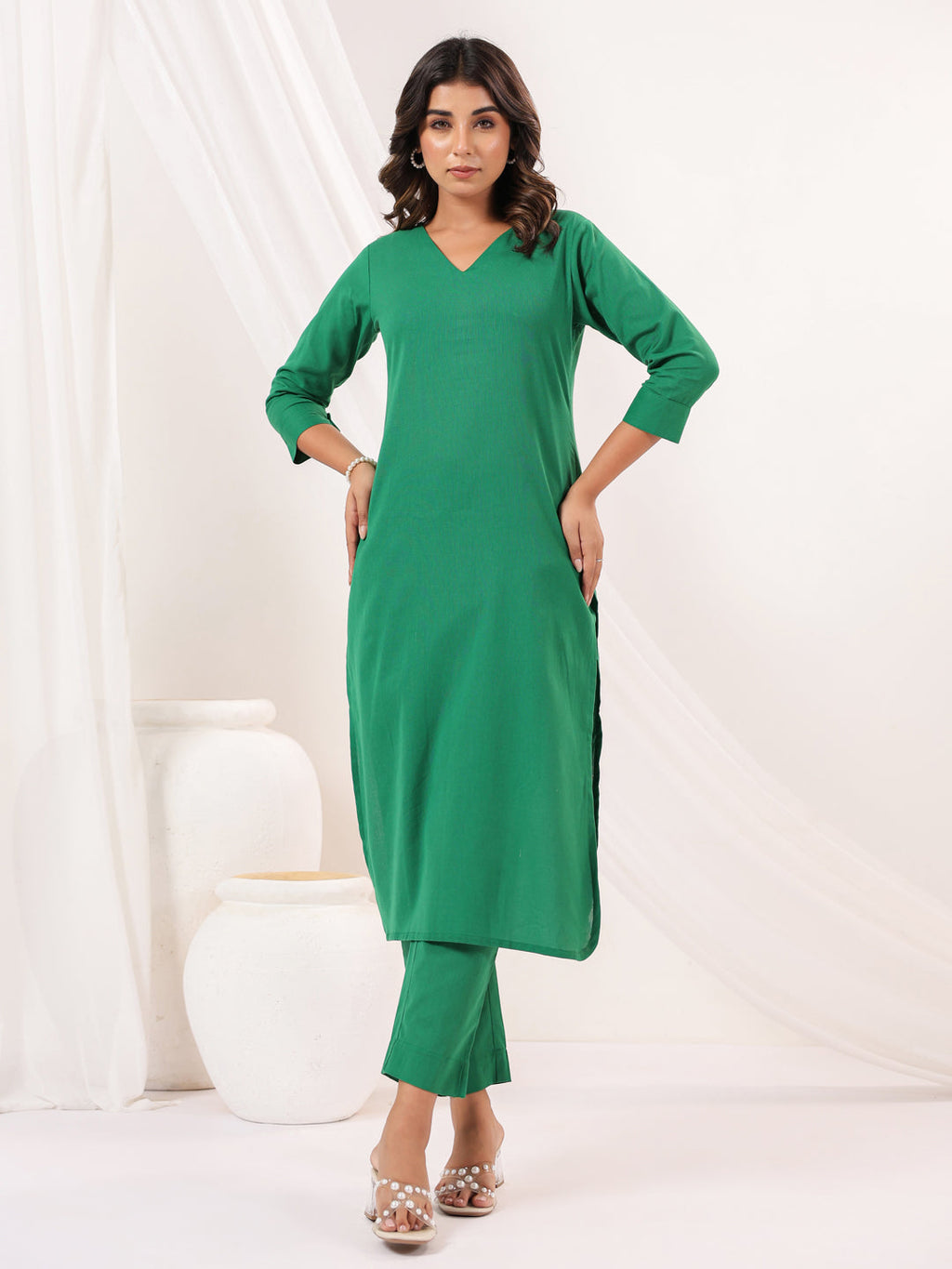 Janasya Women's Green Linen Cotton Solid Straight Kurta Pant Set