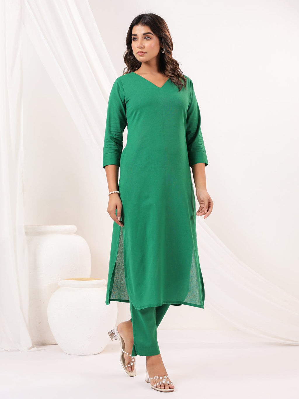 Janasya Women's Green Linen Cotton Solid Straight Kurta Pant Set