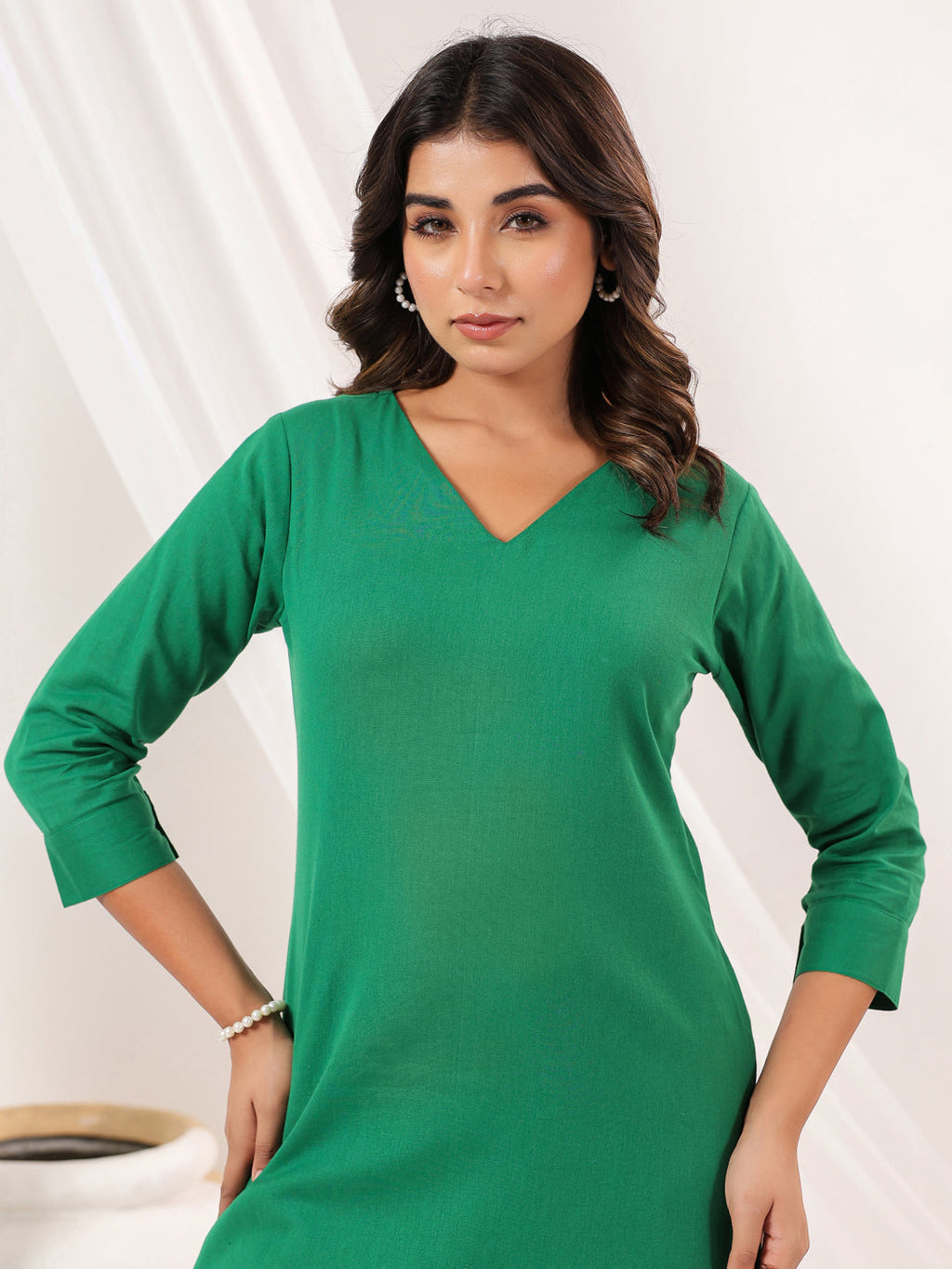 Janasya Women's Green Linen Cotton Solid Straight Kurta Pant Set